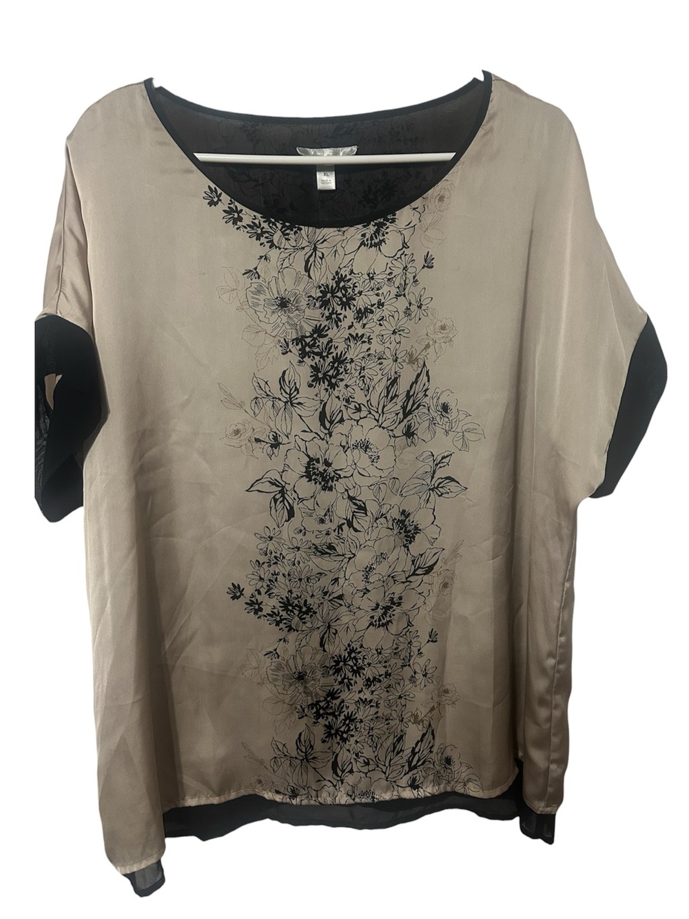 Dressbarn XL Floral Blouse Black and Gold Layered Sheer Short Sleeve Top